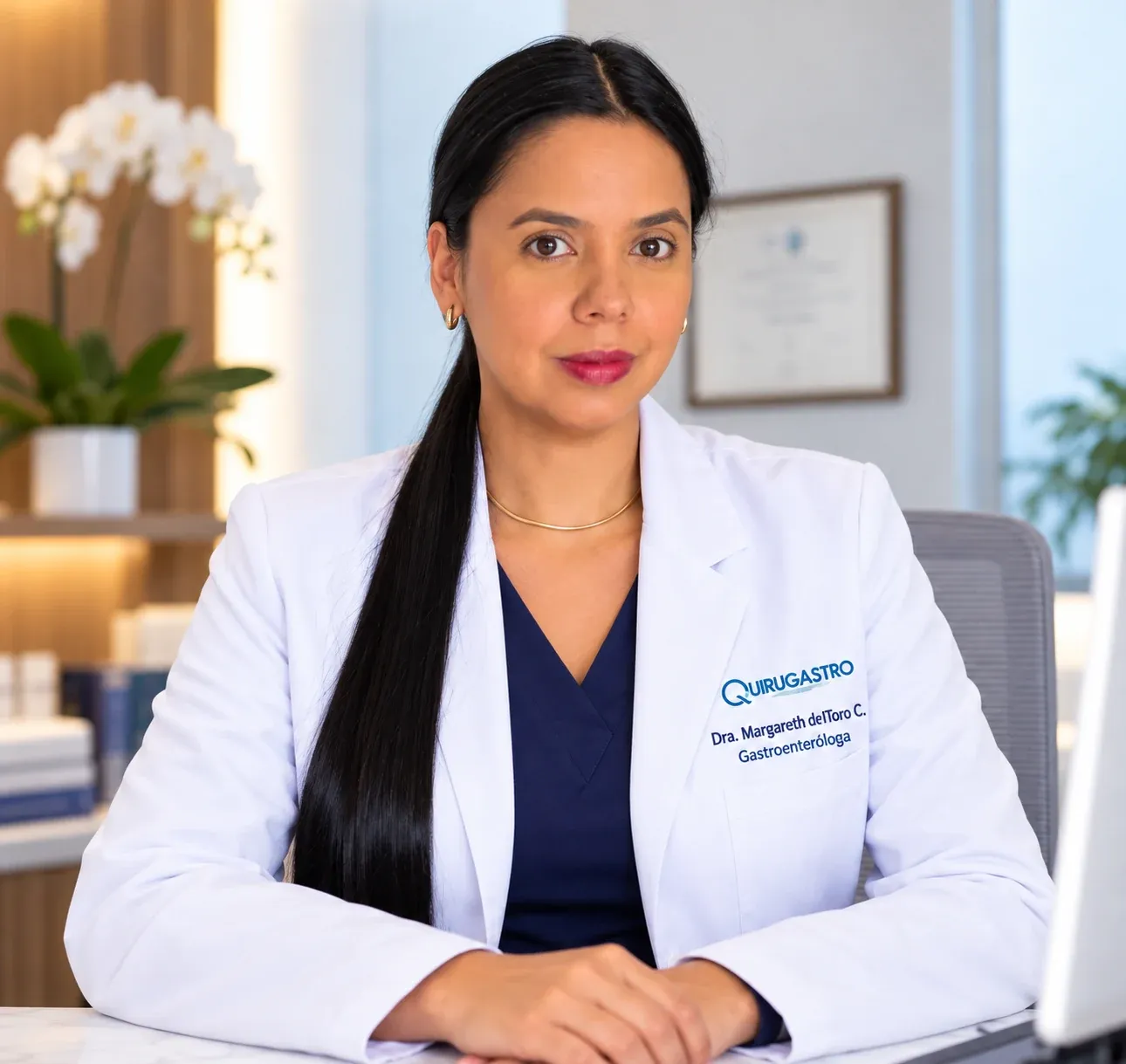 Retrato ilustrativo de la Dra. Margareth del Toro Celemín, gastroenteróloga en Barranquilla